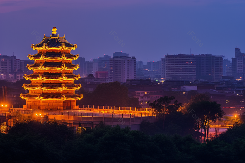 矗立在繁华城市的古楼建筑夜景,高清,摄影图,摄影图片,图片大全,摄影图免费下载